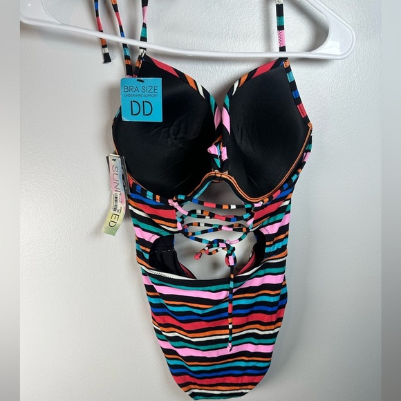 Vibrant Striped Cutout One Piece Swimsuit Corset Back 32 DD Tie neck underwire - Picture 6 of 7